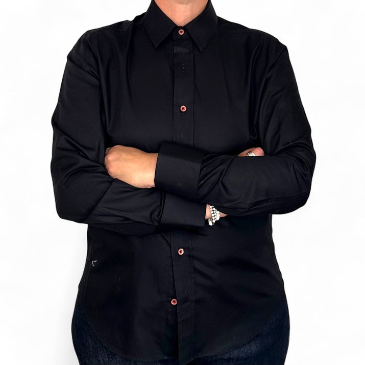 Black Long Sleeve Shirt with contrast button detail.
