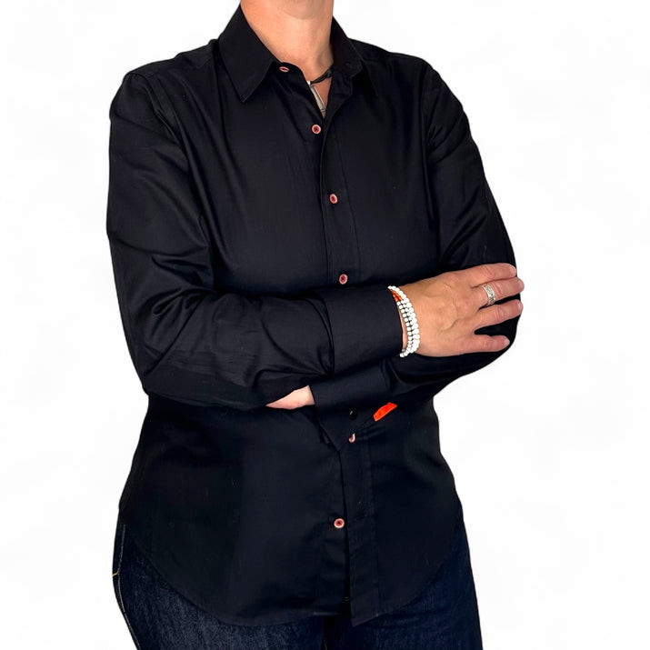 Black Long Sleeve Shirt with contrast button detail.