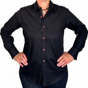 
            
                Load image into Gallery viewer, Black Long Sleeve Shirt with contrast button detail.
            
        