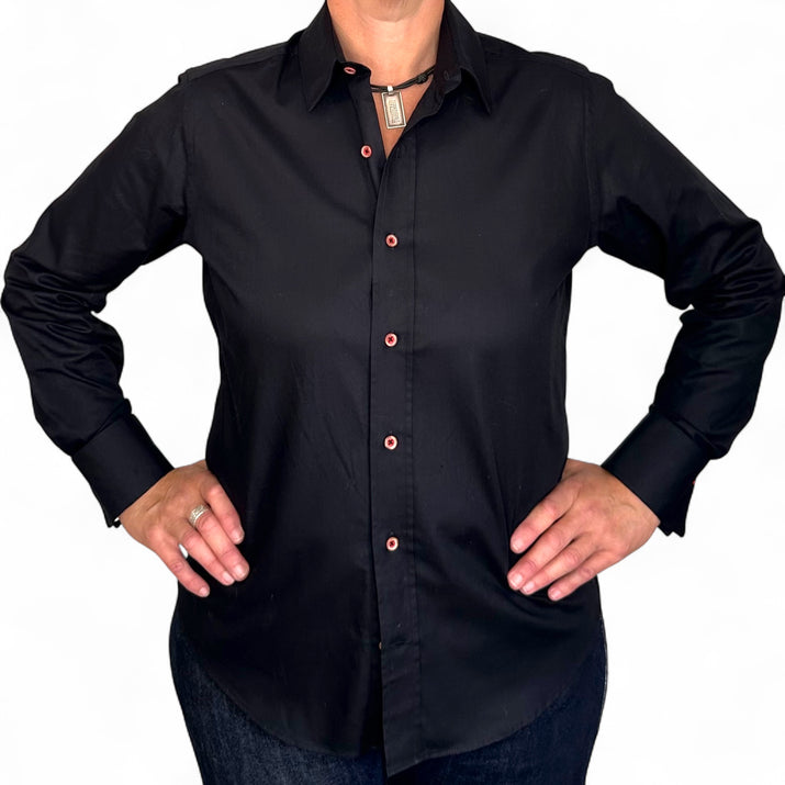 Black Long Sleeve Shirt with contrast button detail.