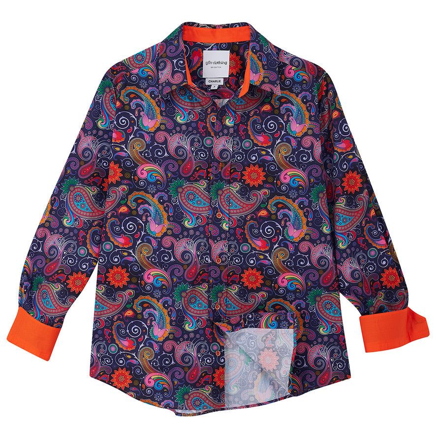 Colorful paisley patterned shirt with orange cuffs and collar on a white background