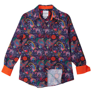 
            
                Load image into Gallery viewer, Colorful paisley patterned shirt with orange cuffs and collar on a white background
            
        