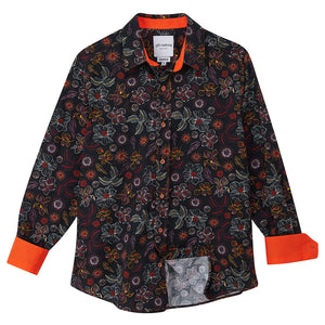 
            
                Load image into Gallery viewer, Floral patterned shirt with orange accents on a white background
            
        