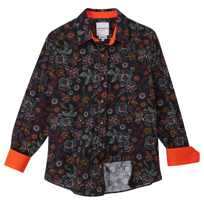 Floral patterned shirt with orange accents on a white background