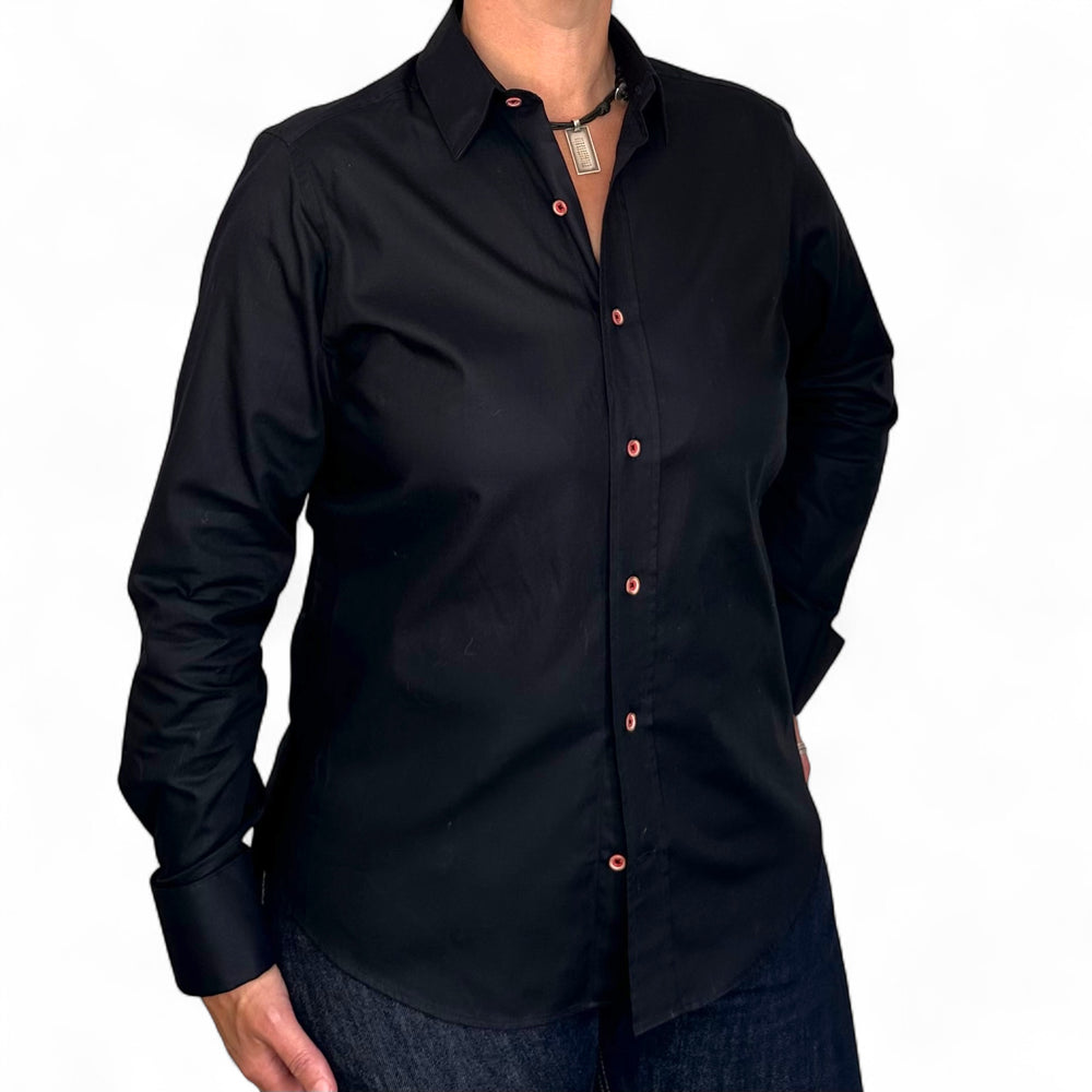 Black Long Sleeve Shirt with contrast button detail.