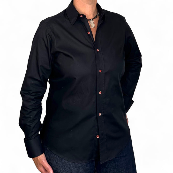 Black Long Sleeve Shirt with contrast button detail.
