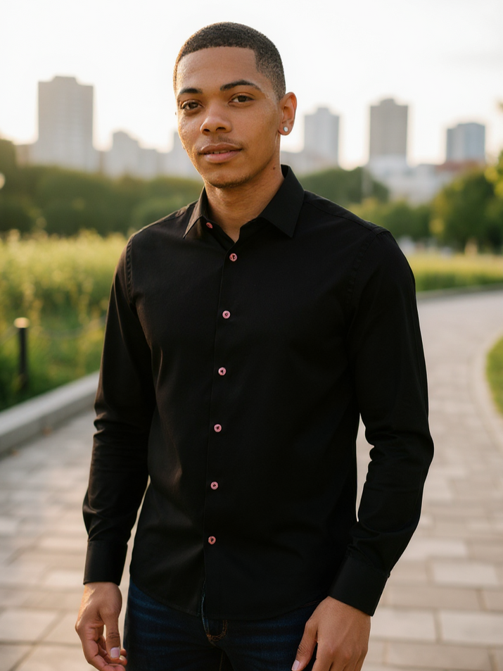 Black Long Sleeve Shirt with contrast button detail