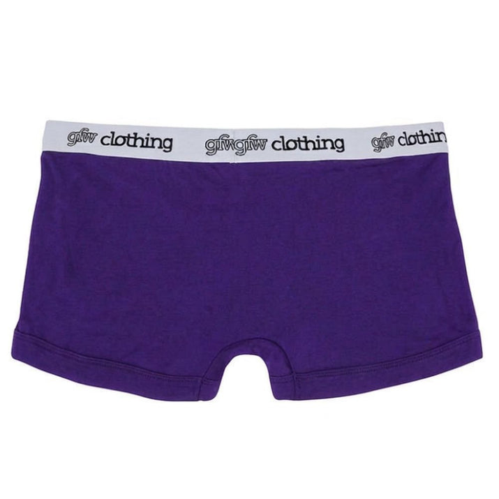 Purple boxer briefs with a branded waistband on a white background