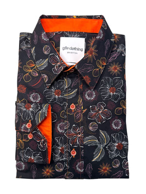 
            
                Load image into Gallery viewer, Floral patterned shirt with orange accents on a white background
            
        