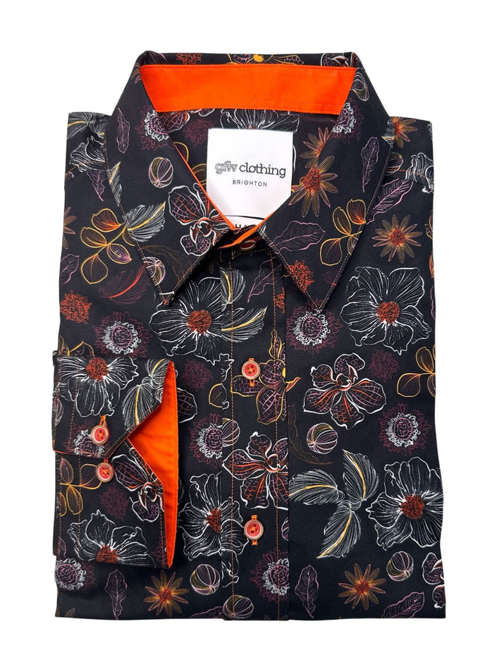 Floral patterned shirt with orange accents on a white background
