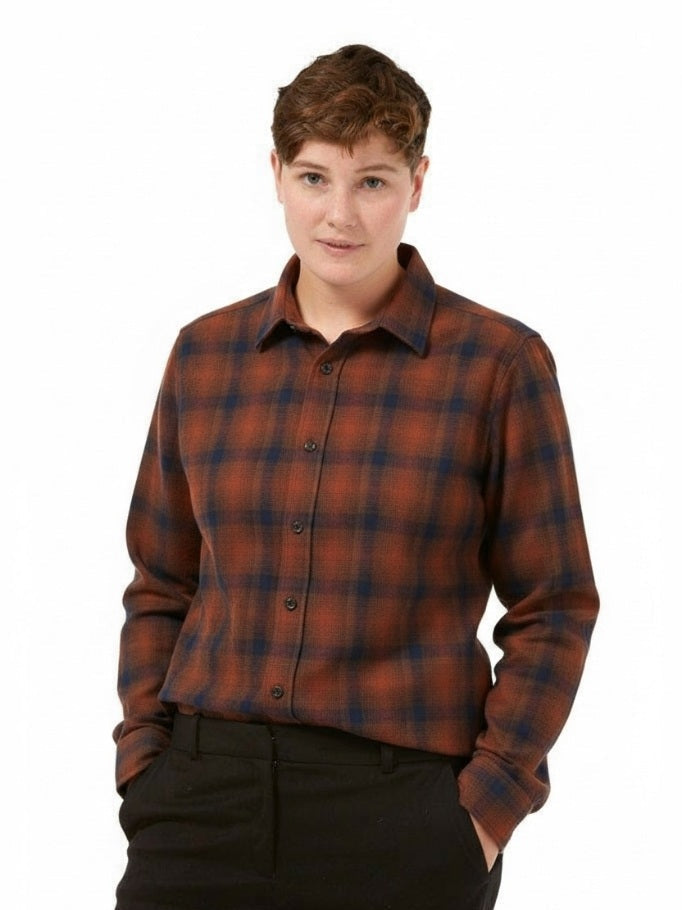 women in brown flannel gfw shirt
